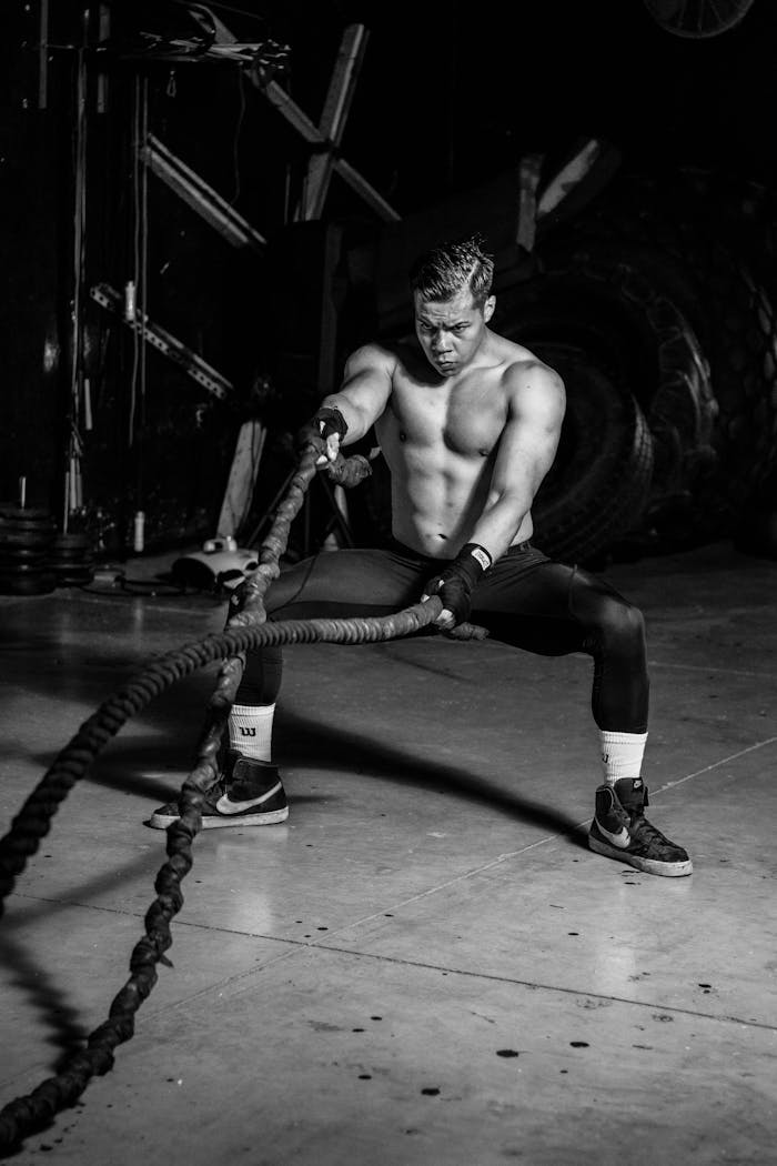 Muscular man performing a crossfit exercise with battle ropes in a dimly lit gym.